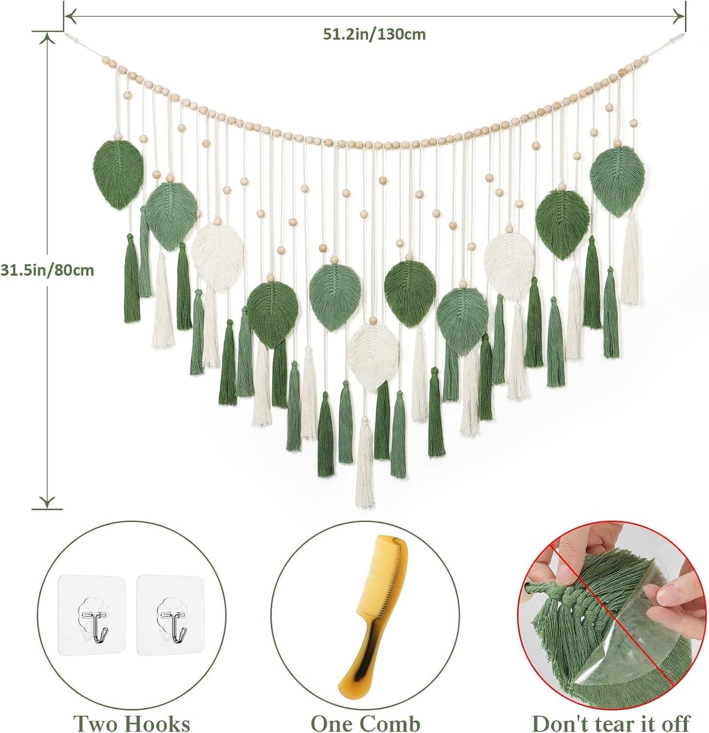 Dremisland tapiz grande hojas verdes beige borlas Hogar - Accesorios y Decoración Naty Shop