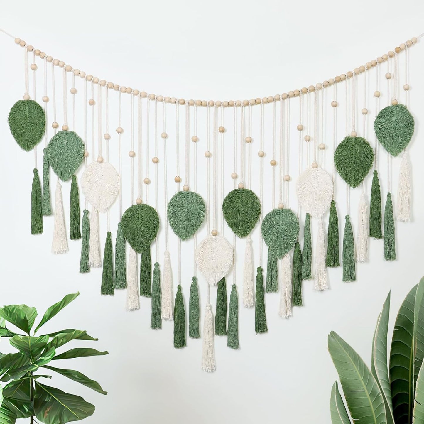Dremisland tapiz grande hojas beige verde borlas Hogar - Accesorios y Decoración Naty Shop Saludos