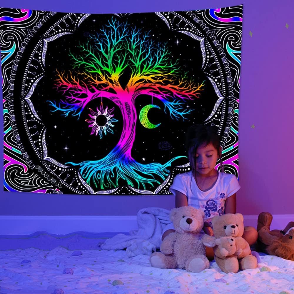 Tapiz fluorescente árbol vida psicodélico luna Hogar - Accesorios y Decoración Naty Shop