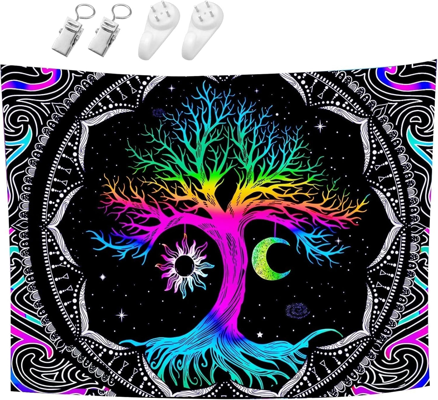 Tapiz fluorescente árbol vida psicodélico luna Hogar - Accesorios y Decoración Naty Shop