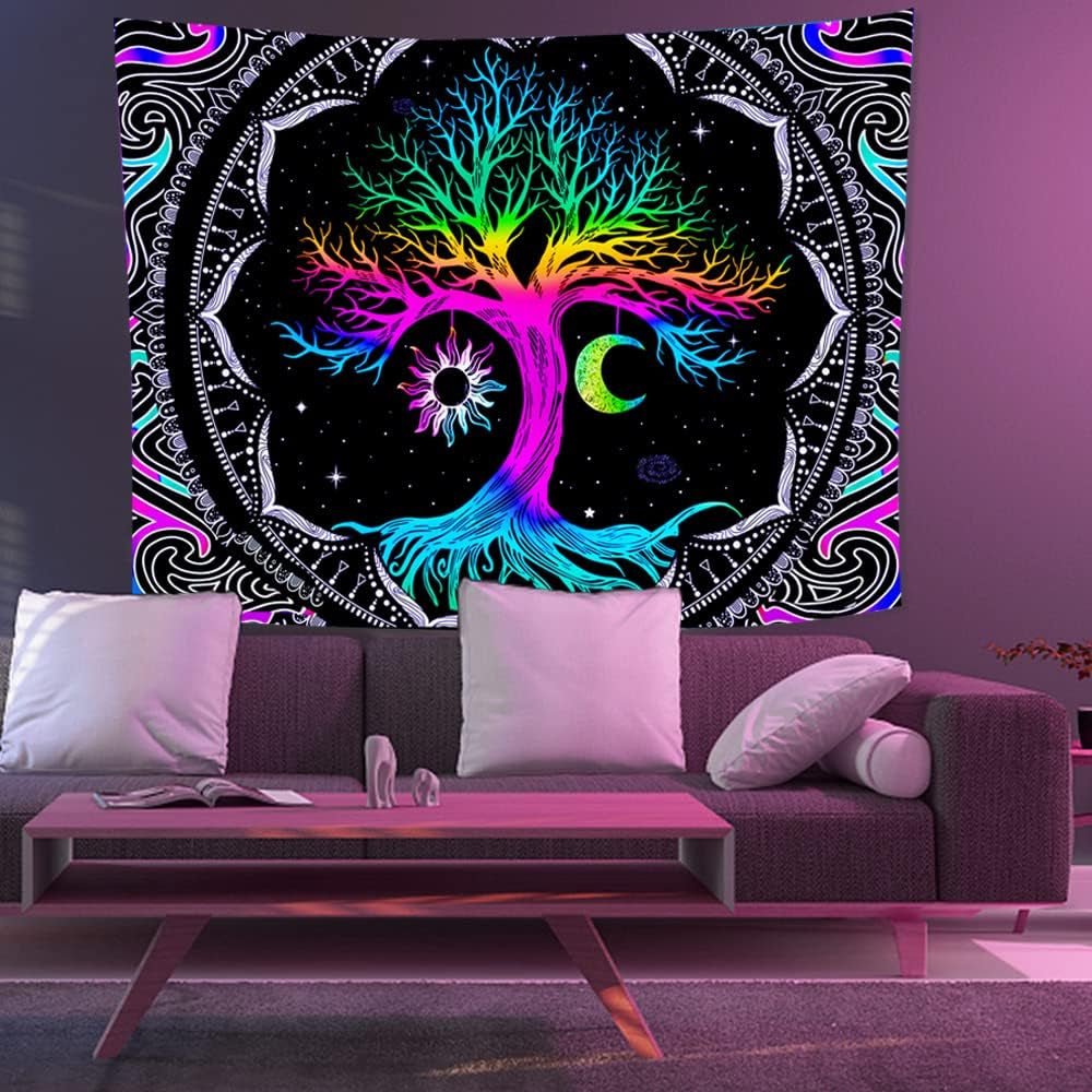 Tapiz fluorescente árbol vida psicodélico luna Hogar - Accesorios y Decoración Naty Shop
