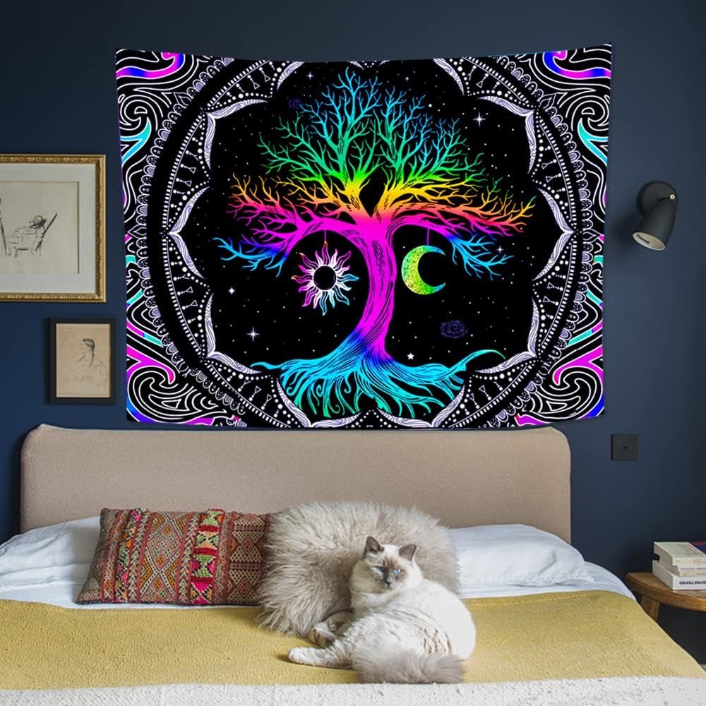 Tapiz fluorescente árbol vida psicodélico luna Hogar - Accesorios y Decoración Naty Shop