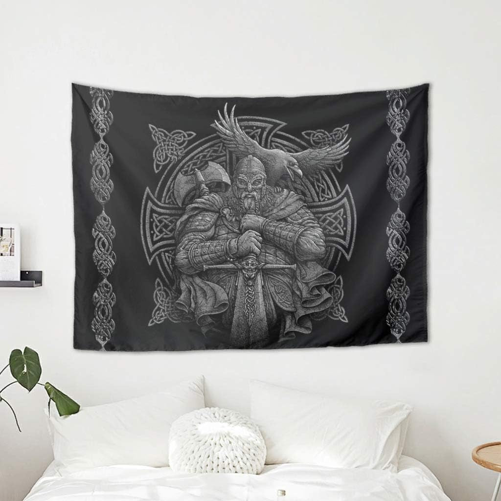 Tapiz gris vikingo odin hacha espada cuervo cruz Hogar - Accesorios y Decoración Naty Shop