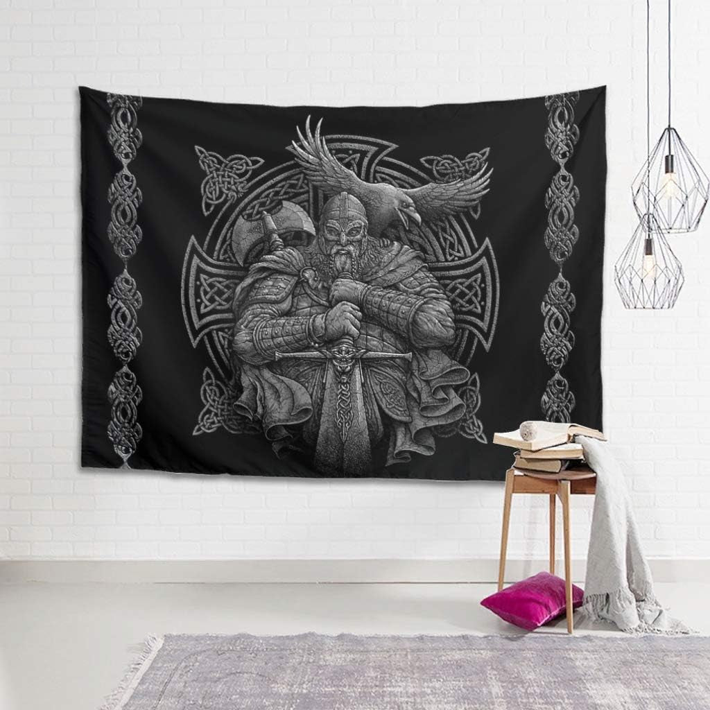 Tapiz gris vikingo odin hacha espada cuervo cruz Hogar - Accesorios y Decoración Naty Shop