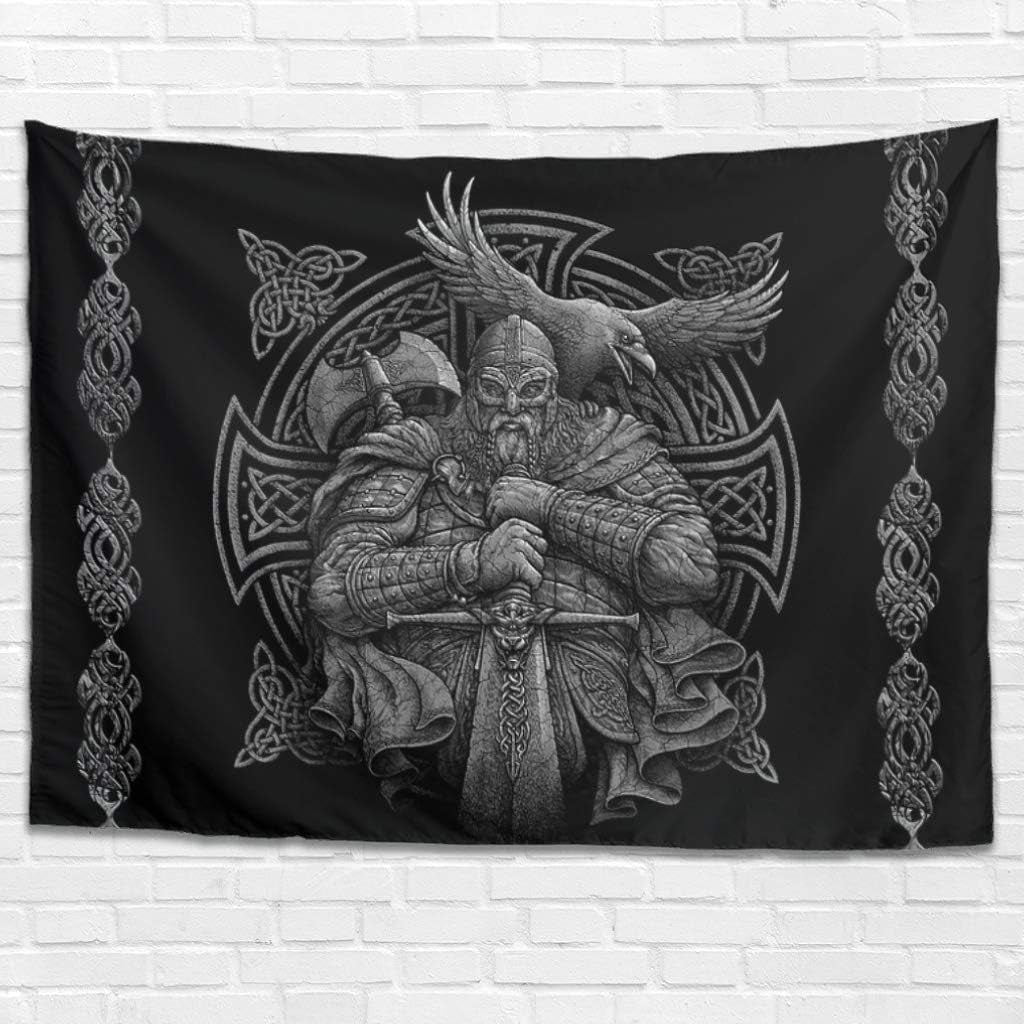 Tapiz gris vikingo odin hacha espada cuervo cruz Hogar - Accesorios y Decoración Naty Shop