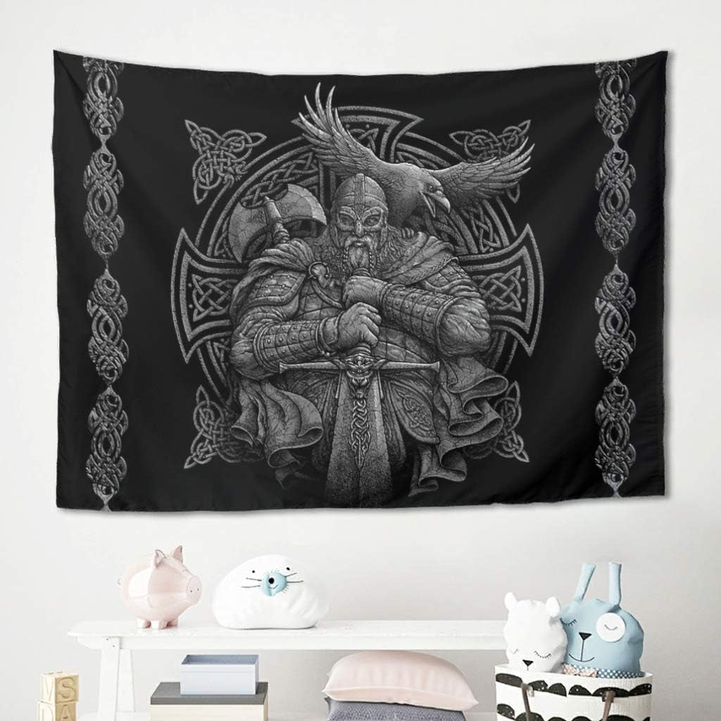 Tapiz gris vikingo odin hacha espada cuervo cruz Hogar - Accesorios y Decoración Naty Shop