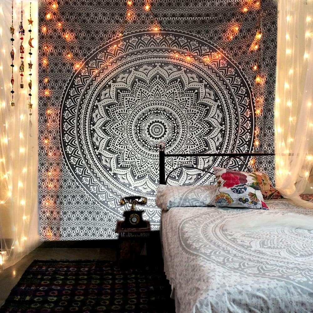 Tapiz indio mandala psicodélico negro blanco India Hogar - Accesorios y Decoración Naty Shop