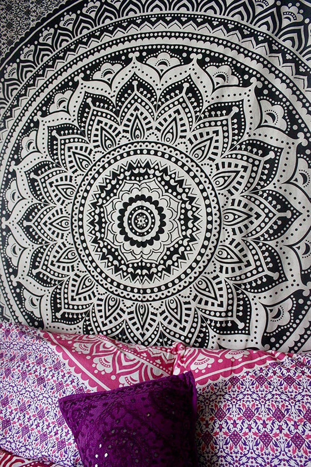 Tapiz indio mandala psicodélico negro blanco India Hogar - Accesorios y Decoración Naty Shop