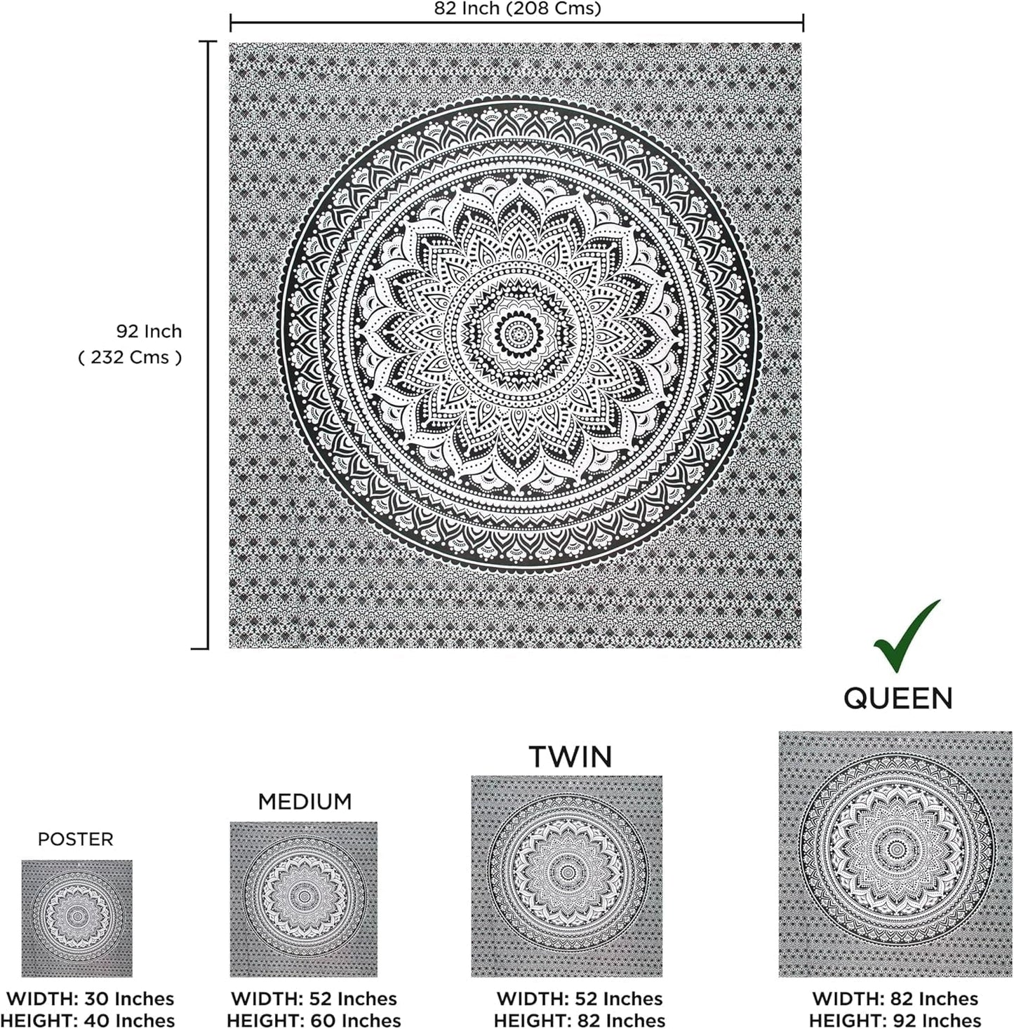 Tapiz indio mandala psicodélico negro blanco India Hogar - Accesorios y Decoración Naty Shop