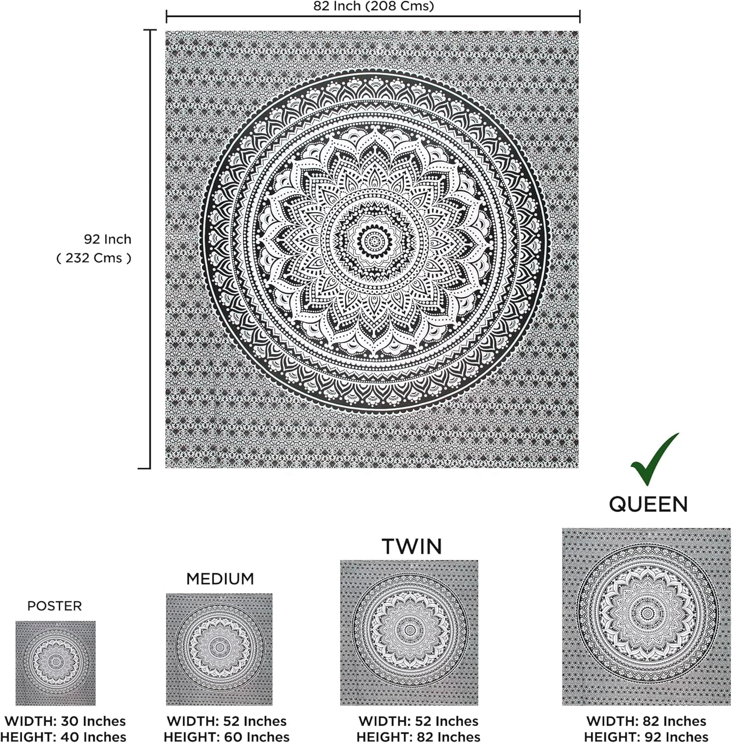 Tapiz indio mandala psicodélico negro blanco India Hogar - Accesorios y Decoración Naty Shop