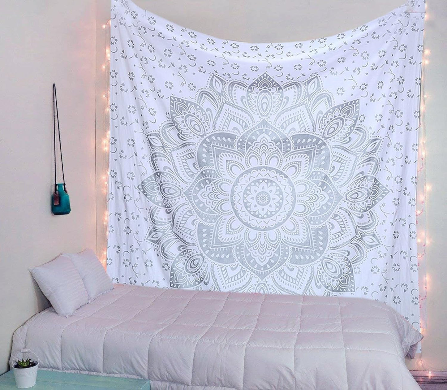 Tapiz indio mandala plateado blanco salón lienzo estético Hogar - Accesorios y Decoración Naty Shop