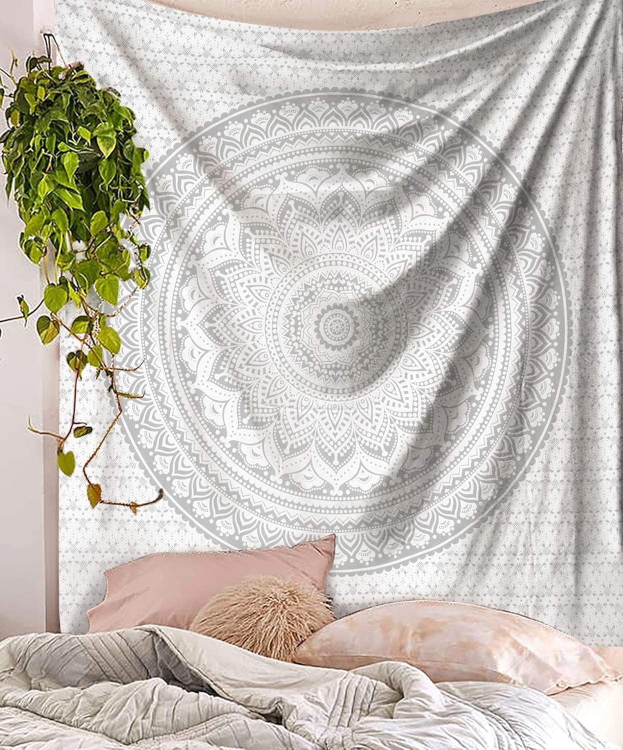Tapiz indio mandala plateado blanco salón lienzo estético Hogar - Accesorios y Decoración Naty Shop