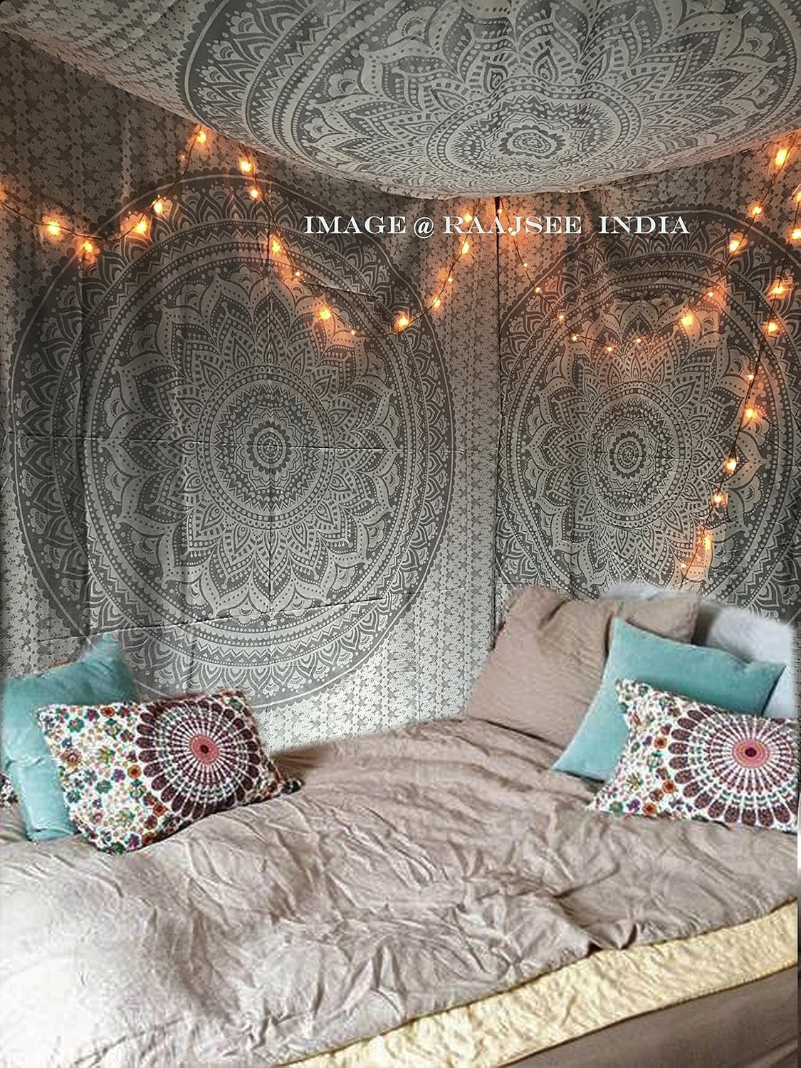 Tapiz indio mandala plateado blanco salón lienzo estético Hogar - Accesorios y Decoración Naty Shop