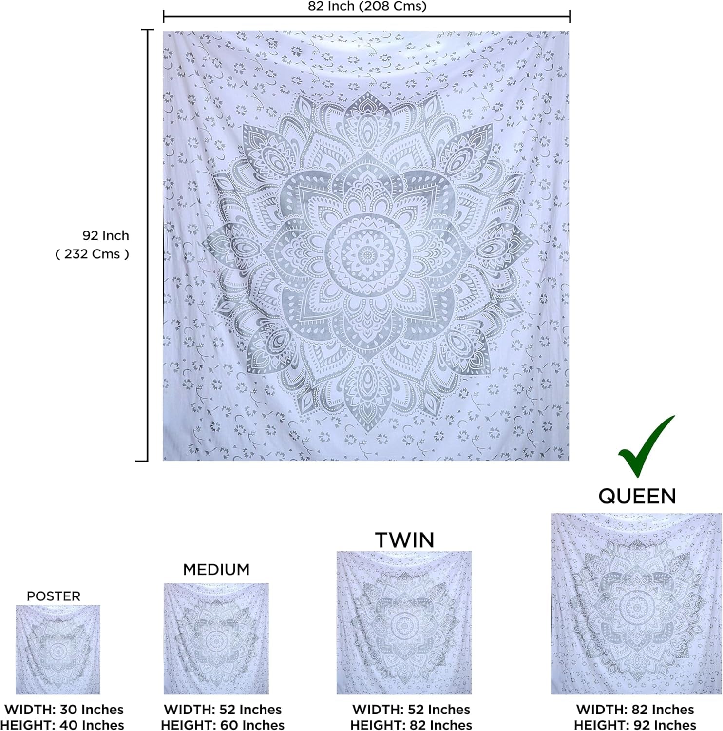 Tapiz indio mandala plateado blanco salón lienzo estético Hogar - Accesorios y Decoración Naty Shop