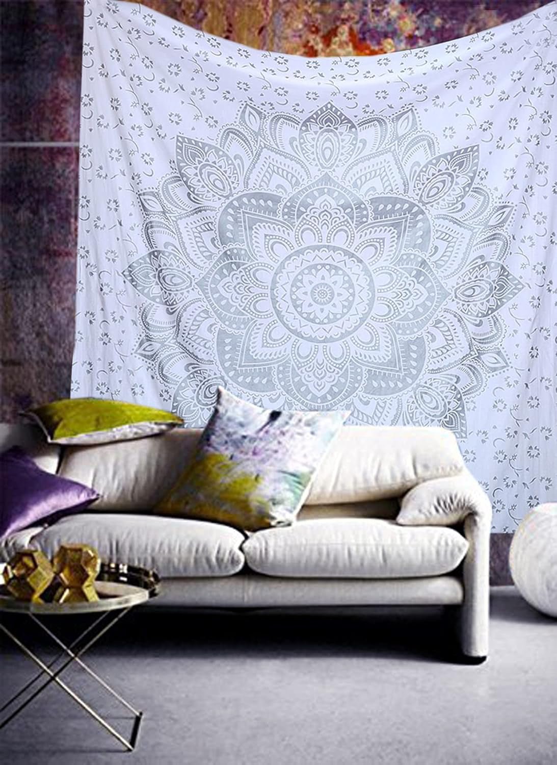 Tapiz indio mandala plateado blanco salón lienzo estético Hogar - Accesorios y Decoración Naty Shop