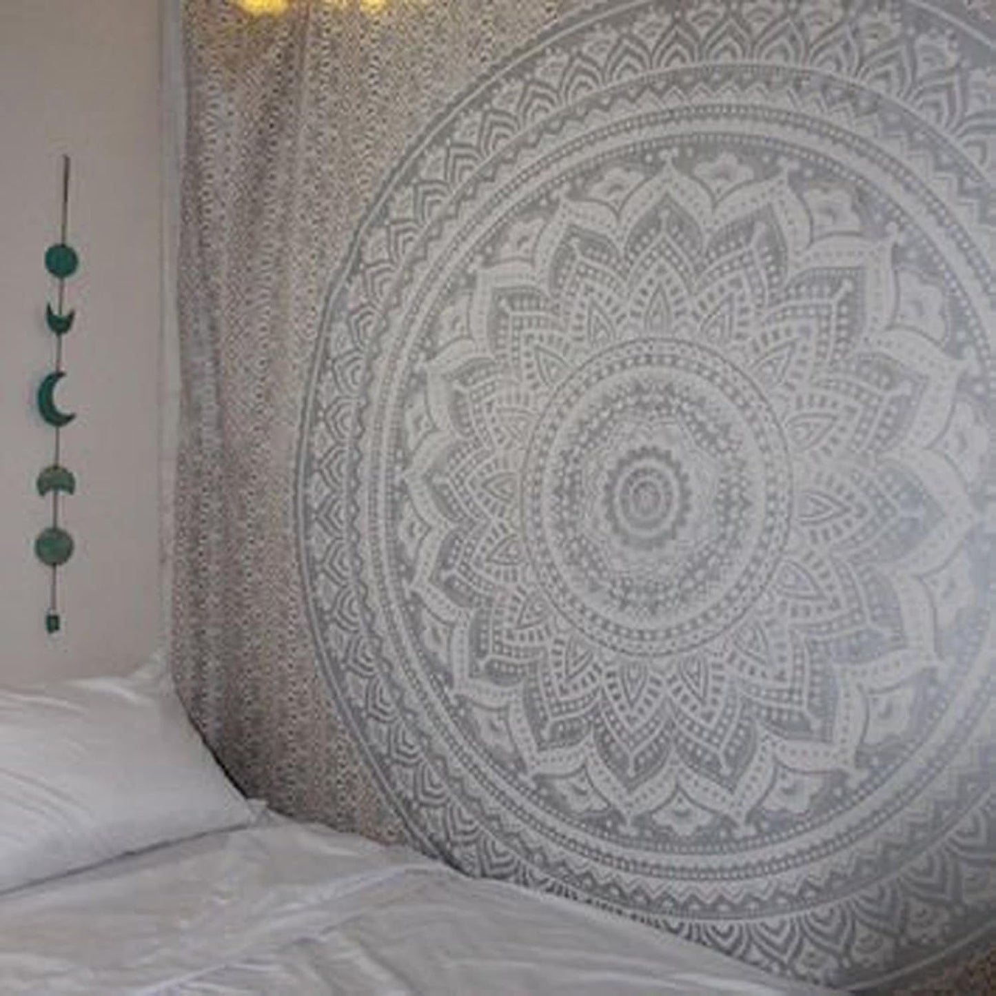 Tapiz indio mandala plateado blanco salón lienzo estético Hogar - Accesorios y Decoración Naty Shop