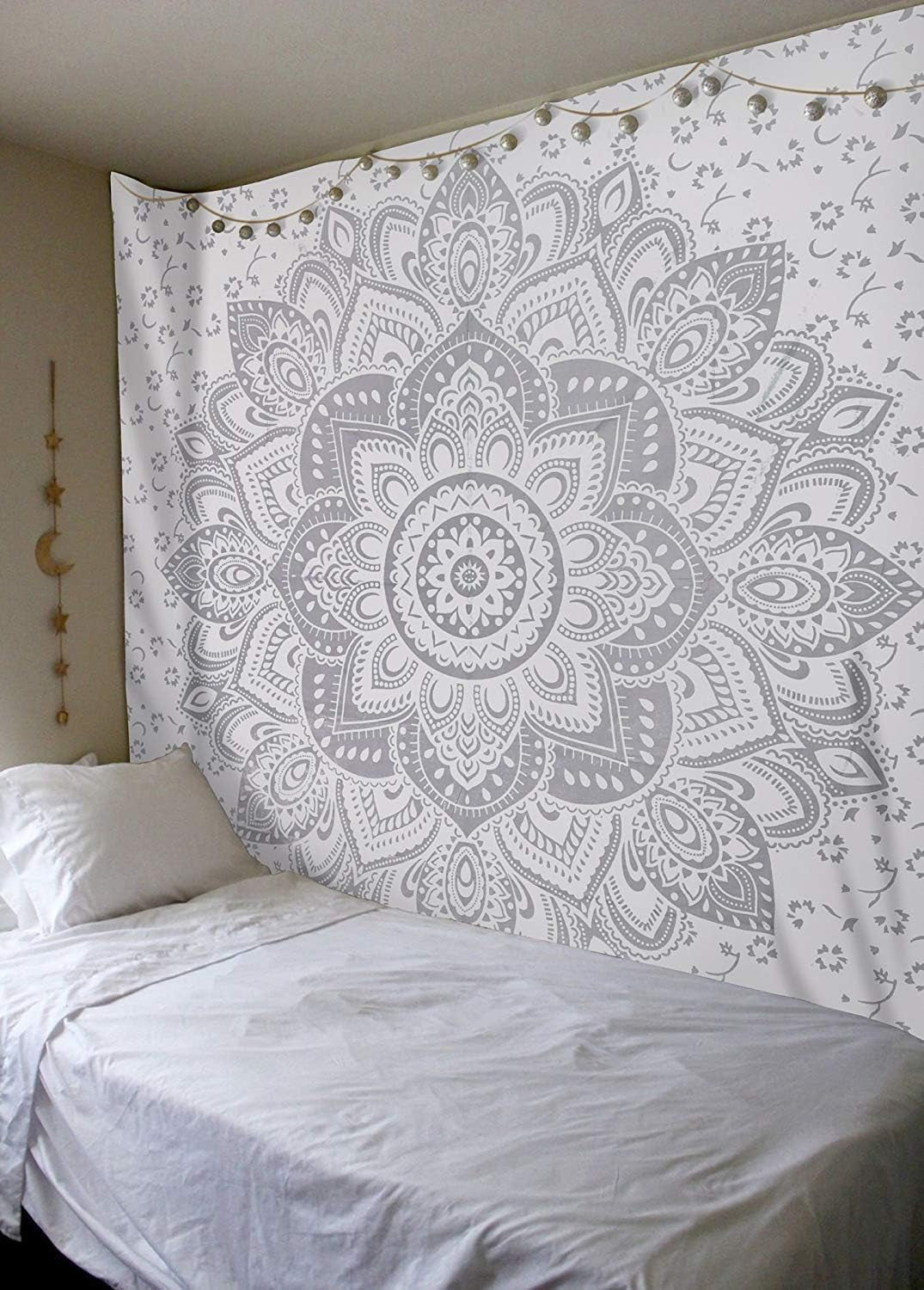 Tapiz indio mandala plateado blanco salón lienzo estético Hogar - Accesorios y Decoración Naty Shop