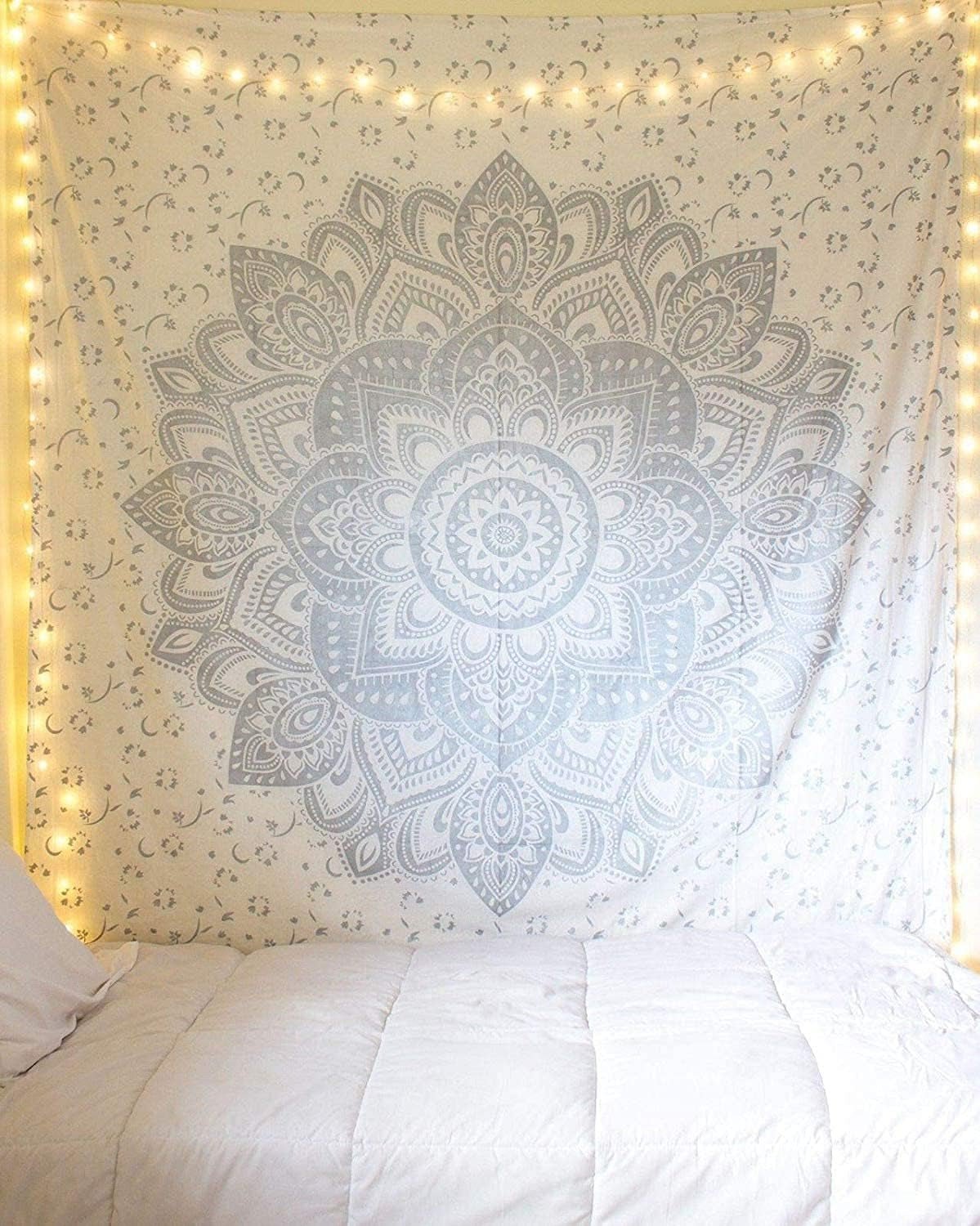 Tapiz indio mandala plateado blanco salón lienzo estético Hogar - Accesorios y Decoraciones Naty Shop Default Title