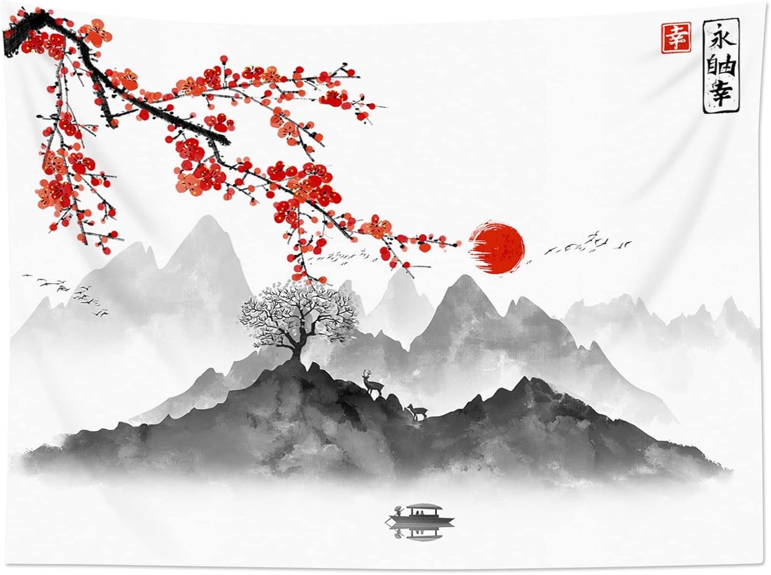 Tapiz japonés lienzo flores de cerezo rojo sol pared Hogar - Accesorios y Decoración Naty Shop