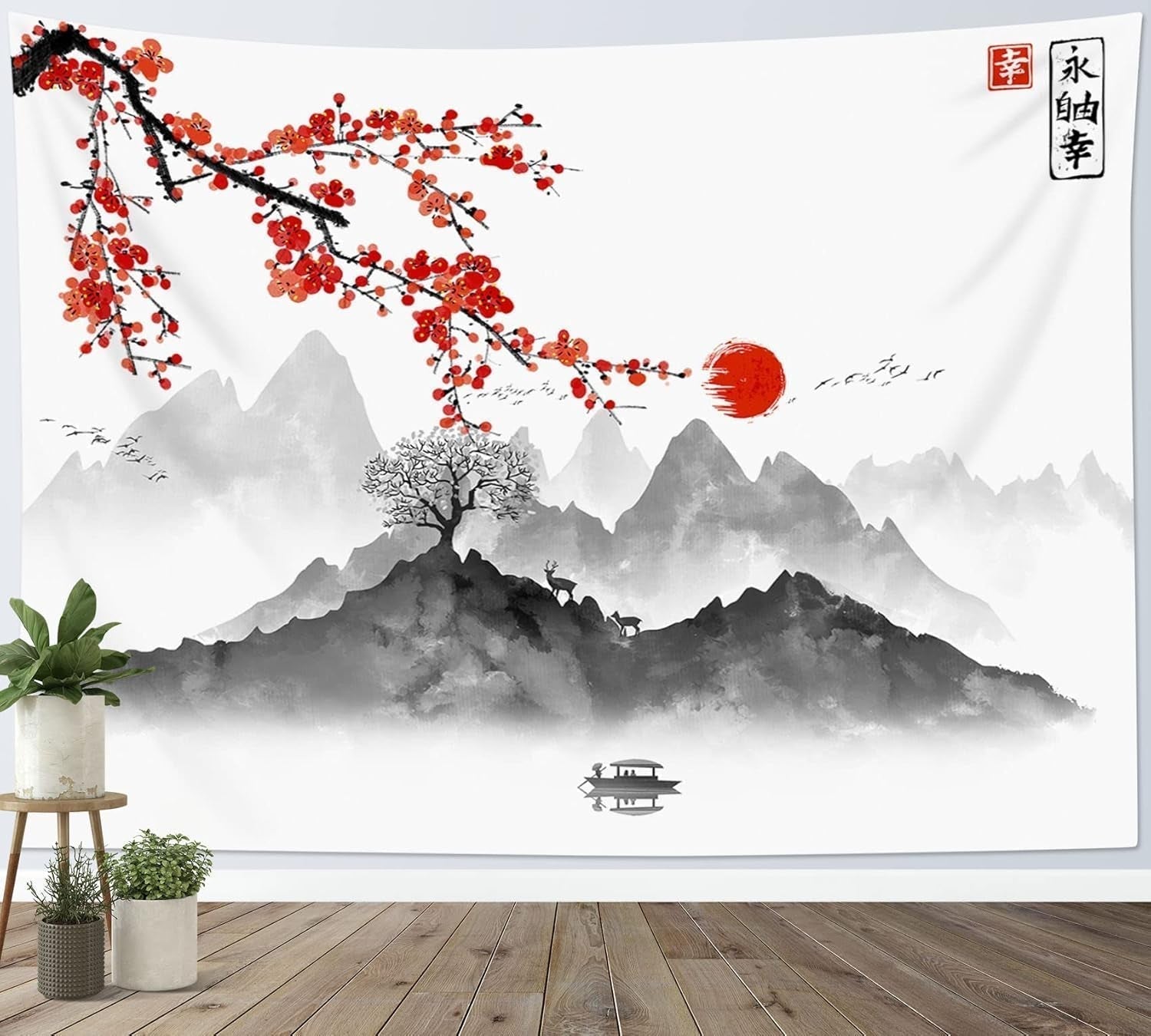 Tapiz Japonés panza flores de cerezo rojo sol pared Hogar - Accesorios y Decoración Naty Shop Multi 01 200L X 150B Cm