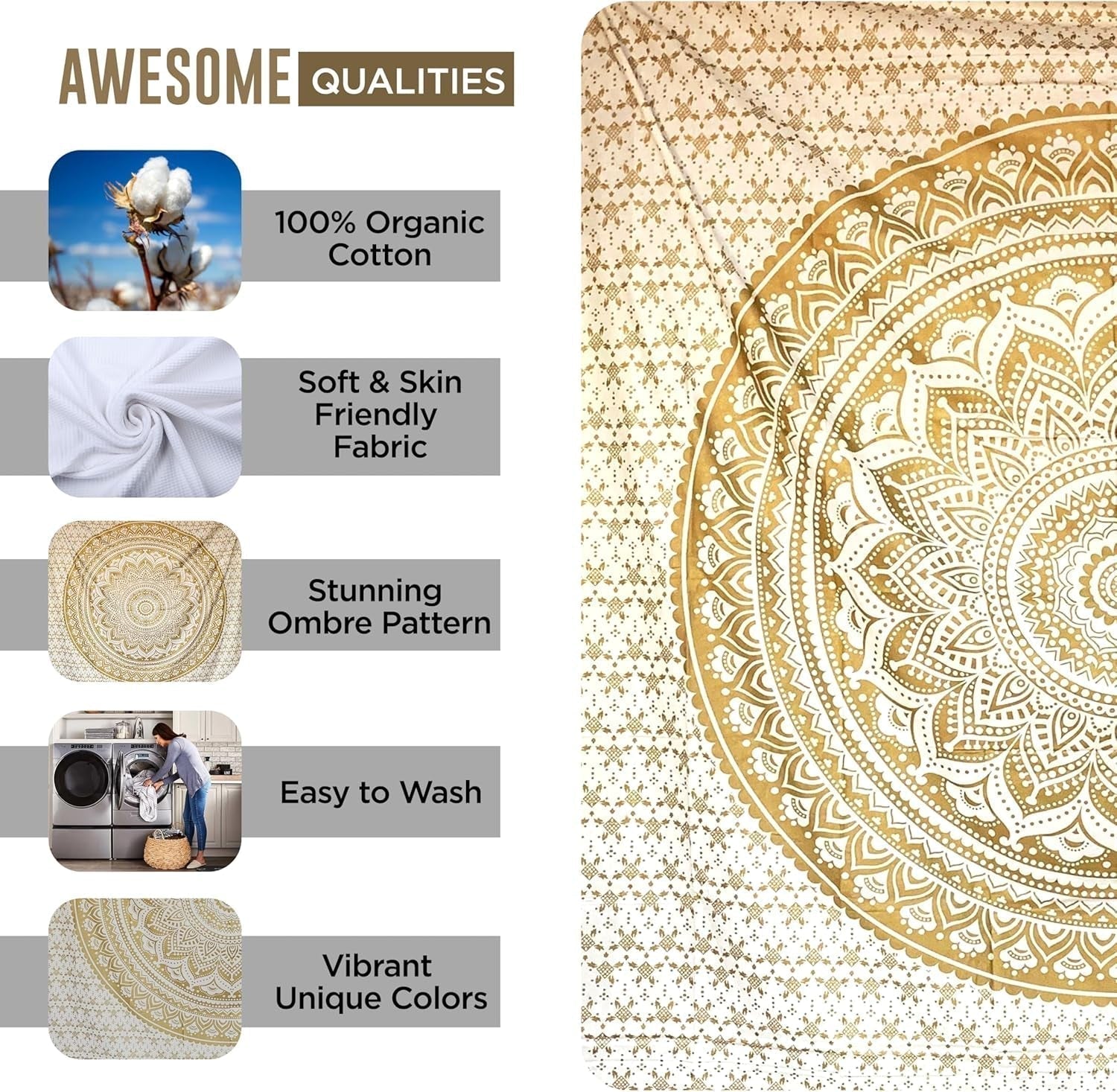 Tapiz Mandala decoración salón estético lienzo blanco dorado Hogar - Accesorios y Decoración Naty Shop
