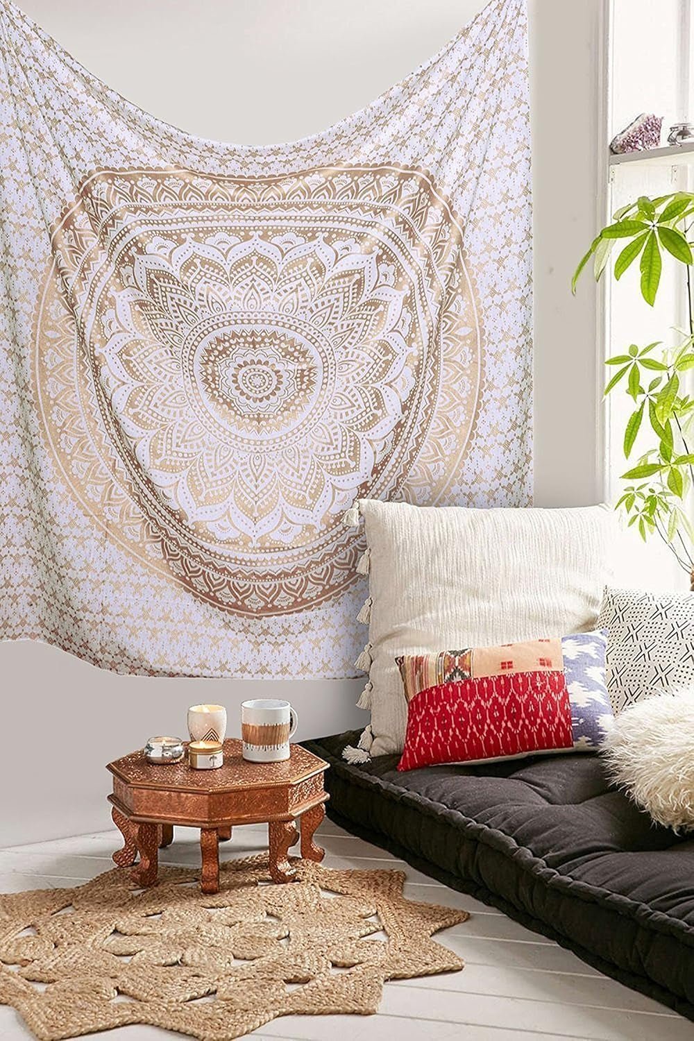 Tapiz Mandala decoración salón estético lienzo blanco dorado Hogar - Accesorios y Decoración Naty Shop