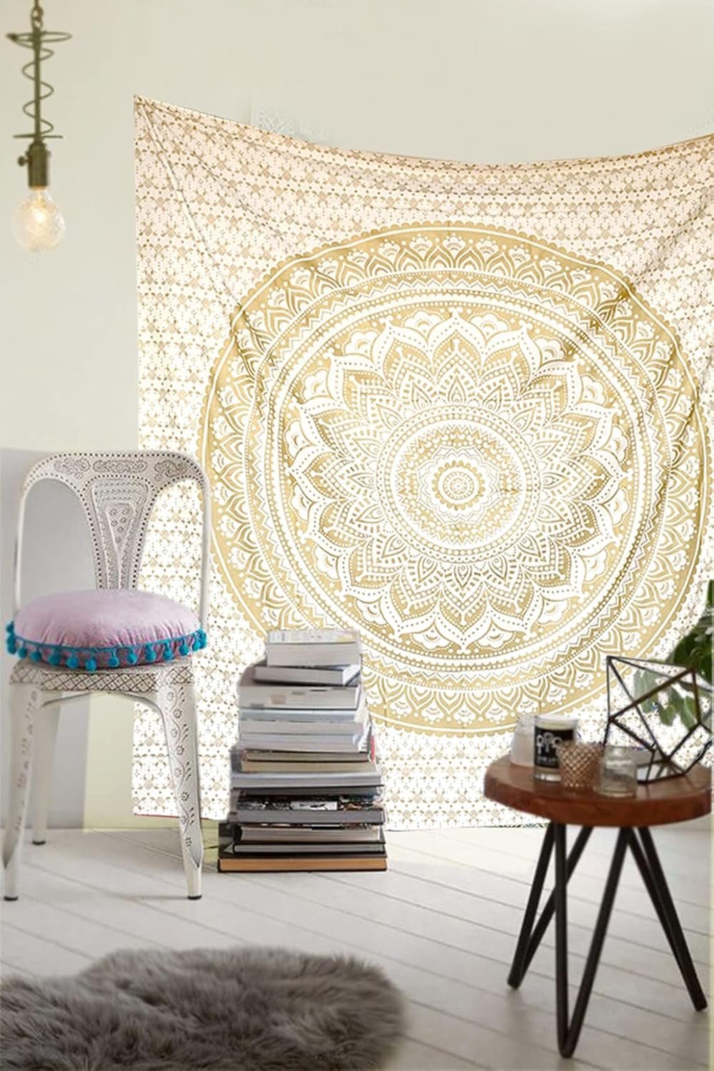 Tapiz Mandala decoración salón estético lienzo blanco dorado Hogar - Accesorios y Decoración Naty Shop