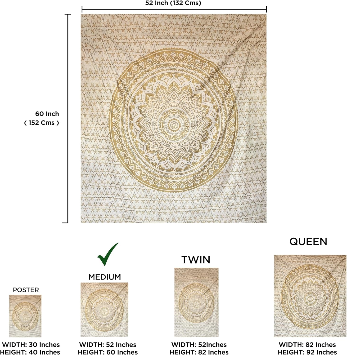 Tapiz Mandala decoración salón estético lienzo blanco dorado Hogar - Accesorios y Decoración Naty Shop