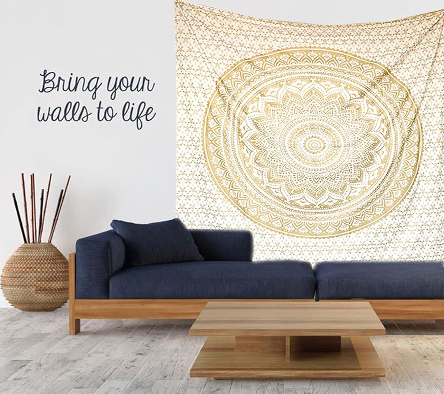 Tapiz Mandala decoración salón estético lienzo blanco dorado Hogar - Accesorios y Decoración Naty Shop