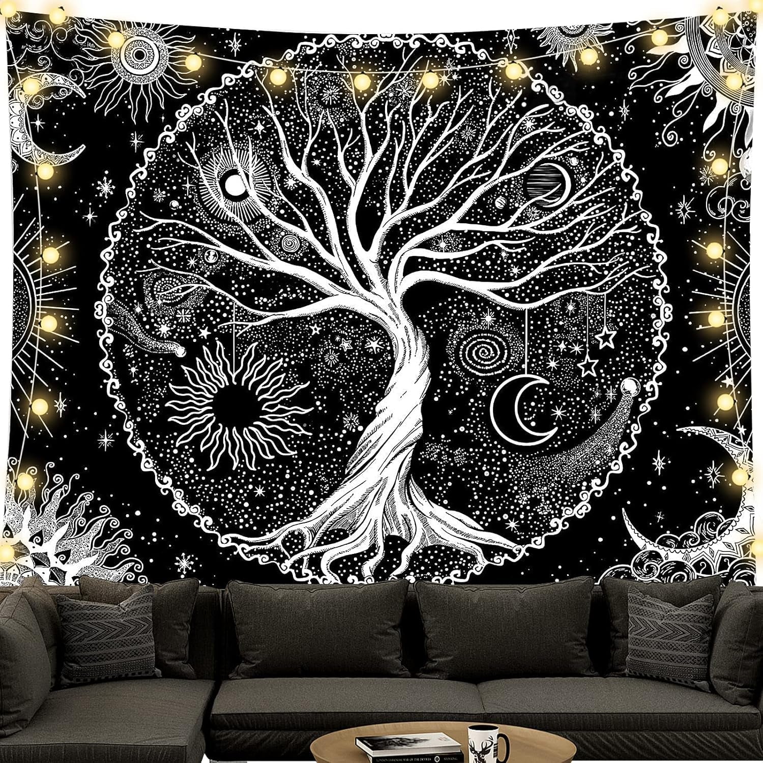 Tapiz árbol de la vida blanco y negro tapiz fases de la luna Hogar - Accesorios y Decoración Naty Shop Árbol de la vida 200L X 150B Cm