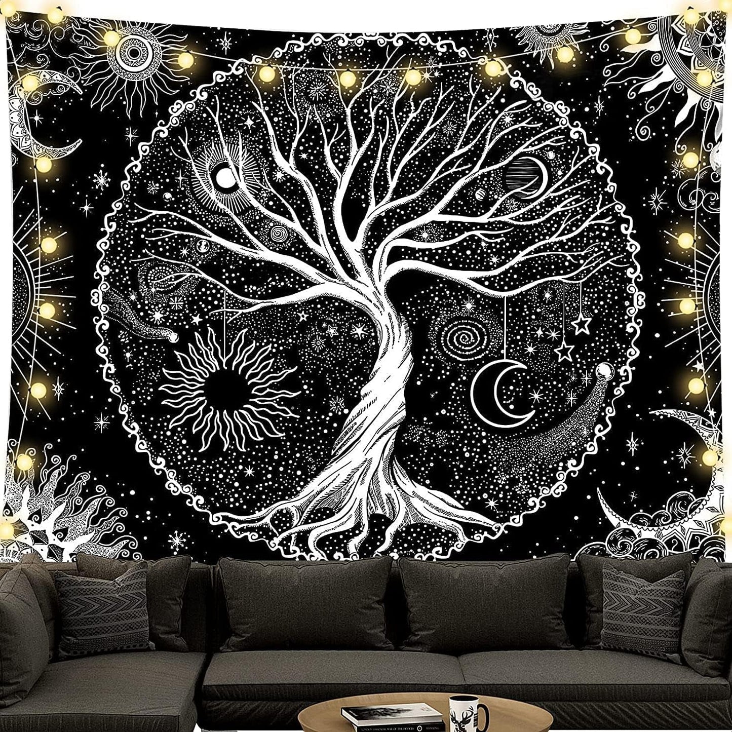 Tapiz árbol de la vida blanco y negro tapiz fases de la luna Hogar - Accesorios y Decoración Naty Shop Árbol de la vida 150L X 130B Cm