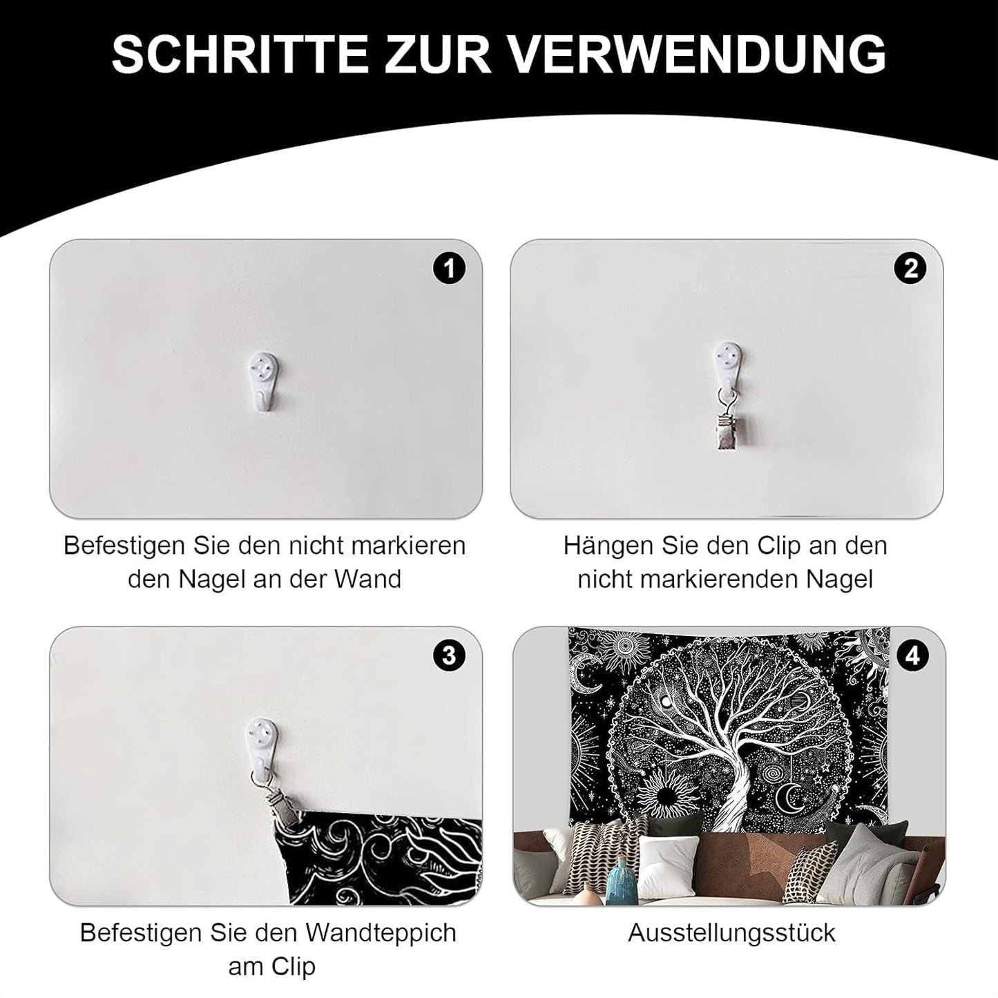 Tapiz negro blanco arbol vida tapiz fases luna Hogar - Accesorios y Decoración Naty Shop