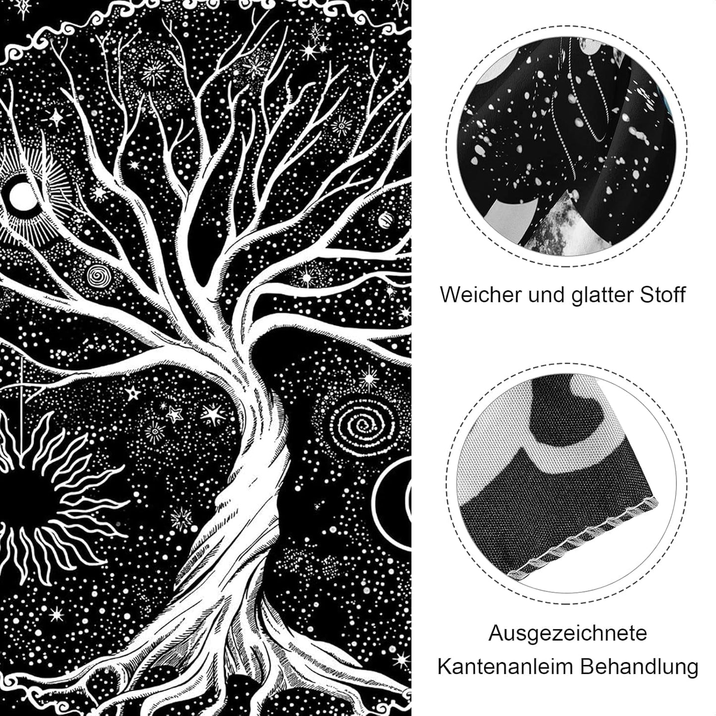 Tapiz negro blanco arbol vida tapiz fases luna Hogar - Accesorios y Decoración Naty Shop