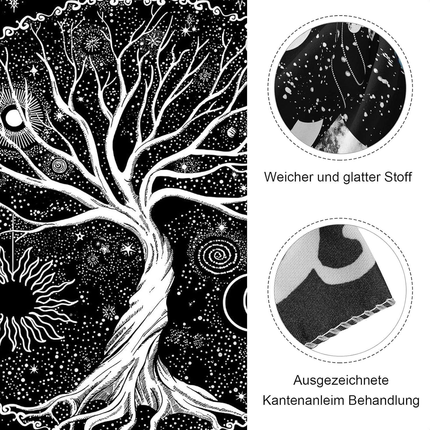 Tapiz negro blanco arbol vida tapiz fases luna Hogar - Accesorios y Decoración Naty Shop