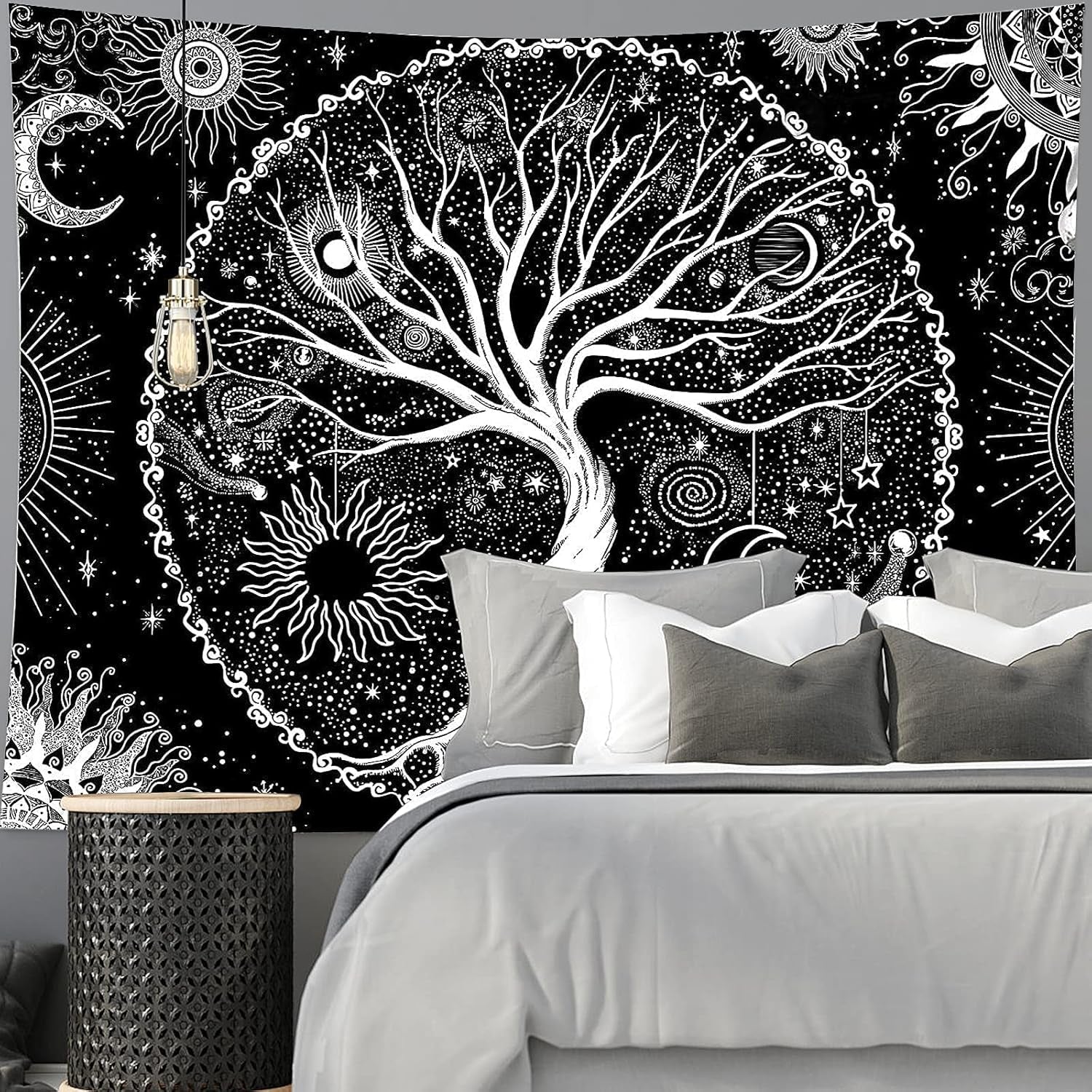 Tapiz negro blanco arbol vida tapiz fases luna Hogar - Accesorios y Decoración Naty Shop