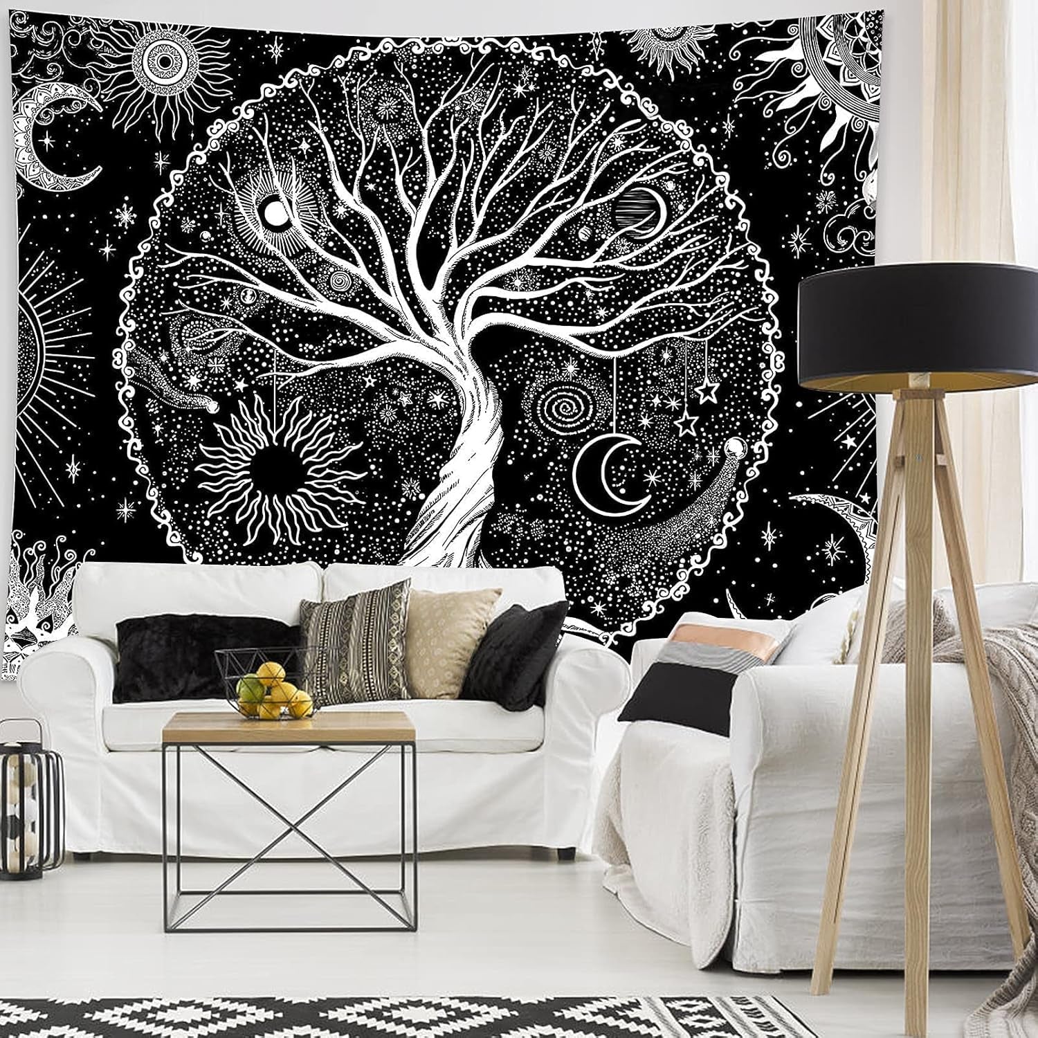 Tapiz negro blanco arbol vida tapiz fases luna Hogar - Accesorios y Decoración Naty Shop