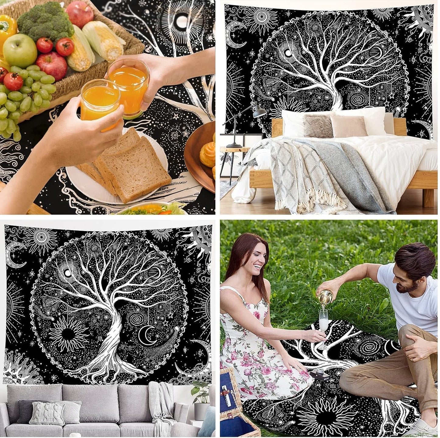 Tapiz negro blanco arbol vida tapiz fases luna Hogar - Accesorios y Decoración Naty Shop