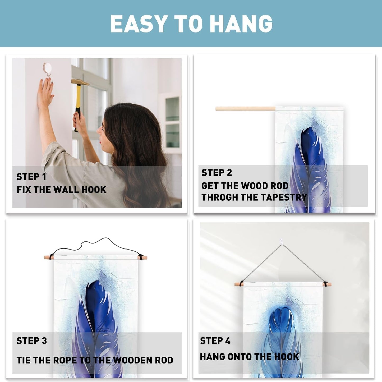 Tapiz plgreat pack alfombra plumas azul pared vertical Hogar - Accesorios y Decoración Naty Shop