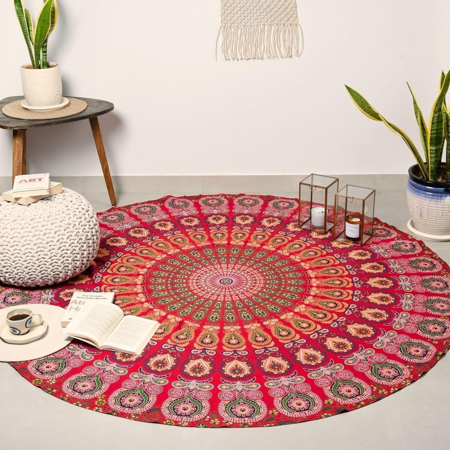 Tapiz redondo pavo real mandala centímetros roundie hippie niña Casa - Accesorios y Decoración Naty Shop Dorado rojo D-72"