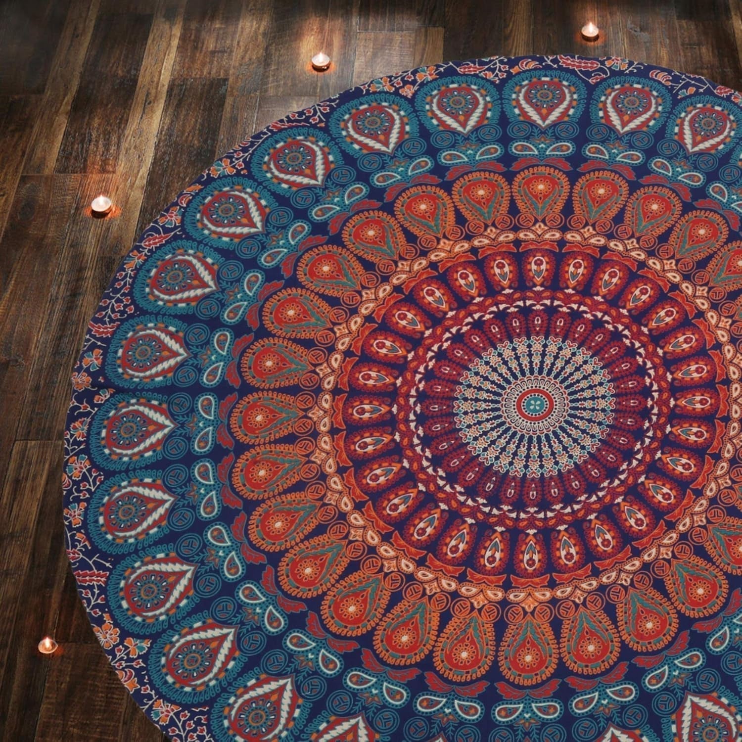 Tapiz redondo pavo real mandala centímetros roundie cara hippie Hogar - Accesorios y Decoración Naty Shop Azul dorado 122L X 122B Cm
