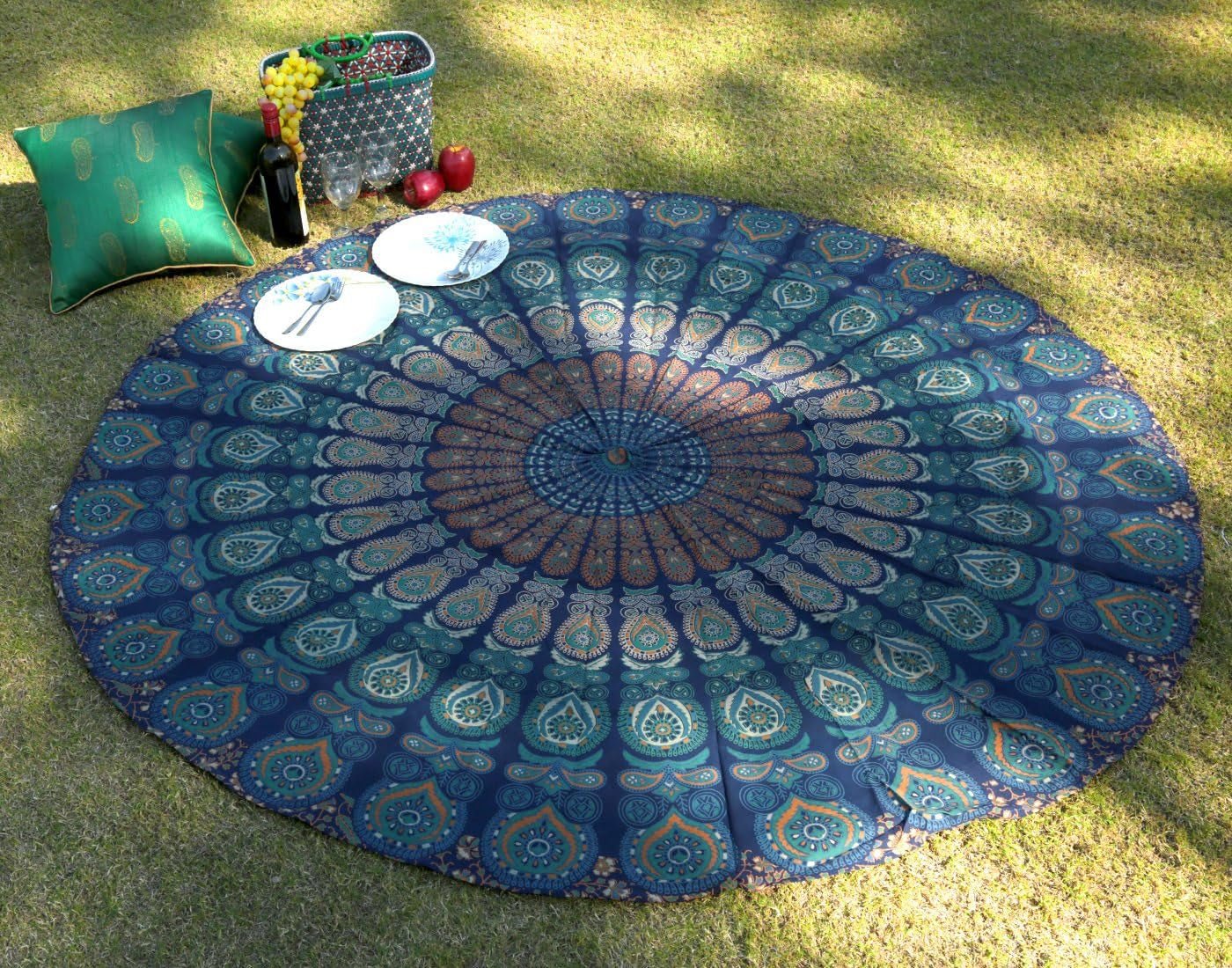 Tapiz redondo pavo real mandala centímetros roundie cara hippie Hogar - Accesorios y Decoración Naty Shop Azul verde 122L X 122B Cm