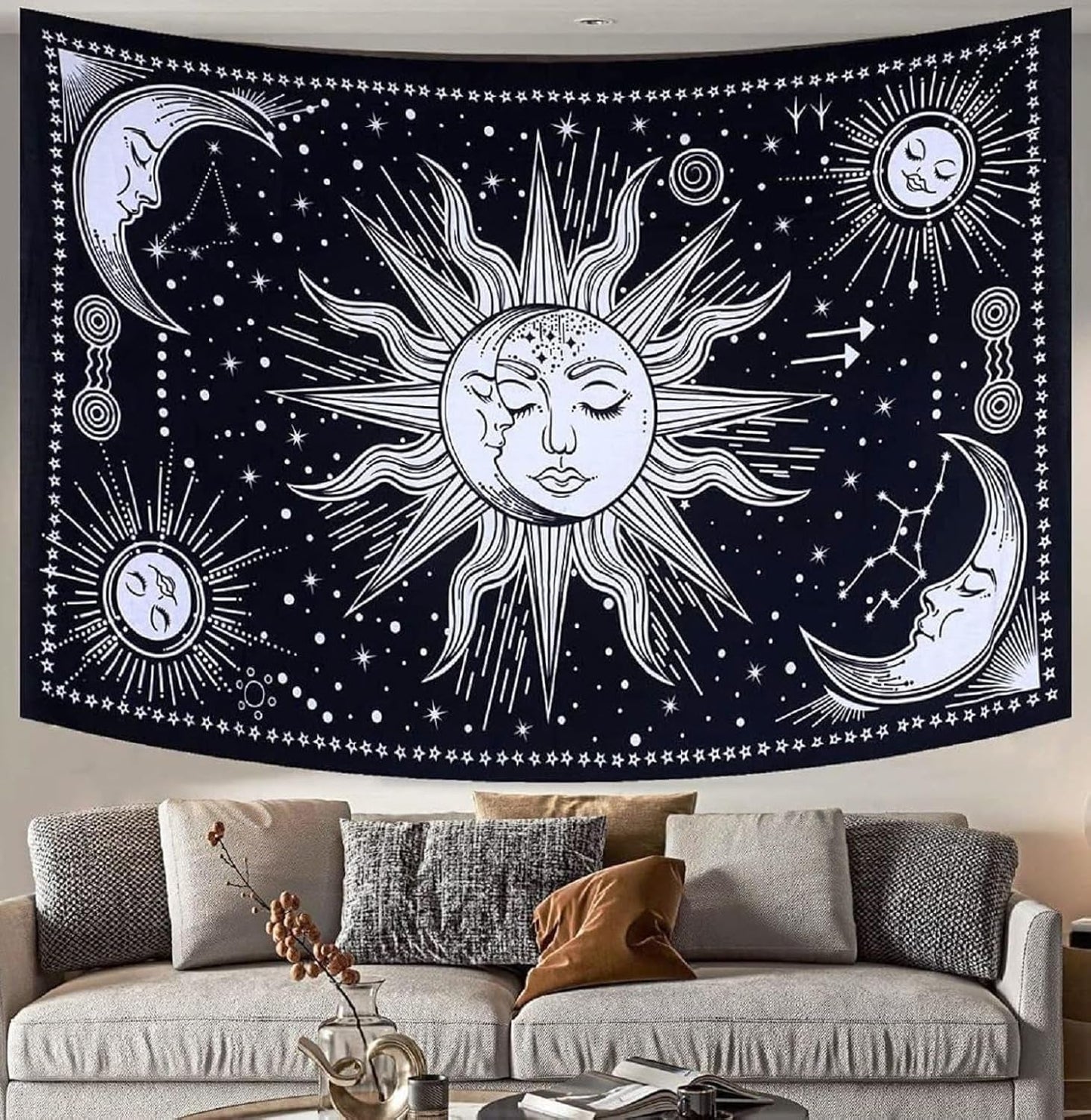 Tapiz sol luna estrella espiritual estético arco iris algodón Hogar - Accesorios y Decoración Naty Shop Negro / blanco 102L X 77B Cm
