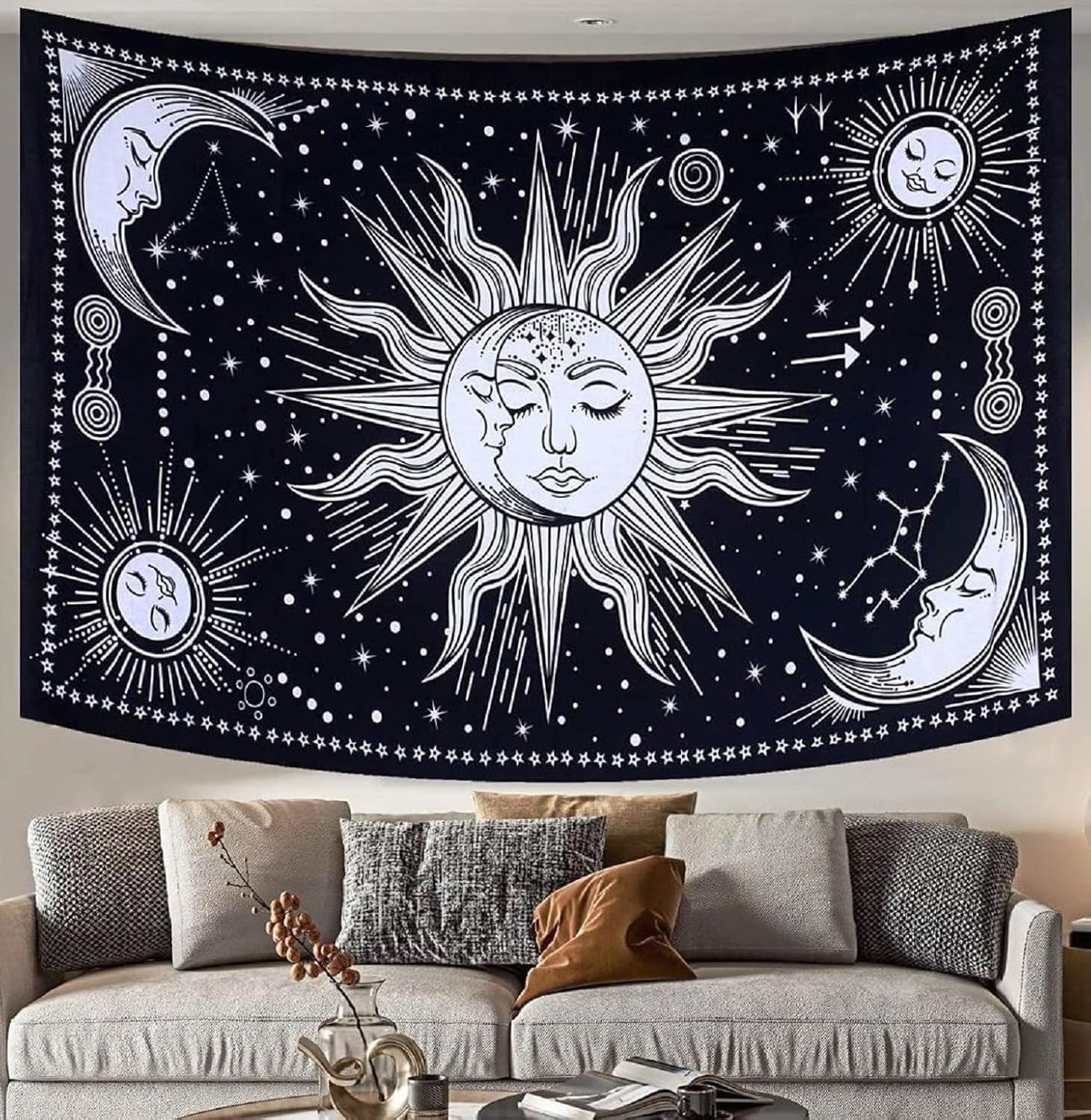Tapiz sol luna estrella espiritual estético arco iris algodón Hogar - Accesorios y Decoración Naty Shop Negro / blanco 102L X 77B Cm