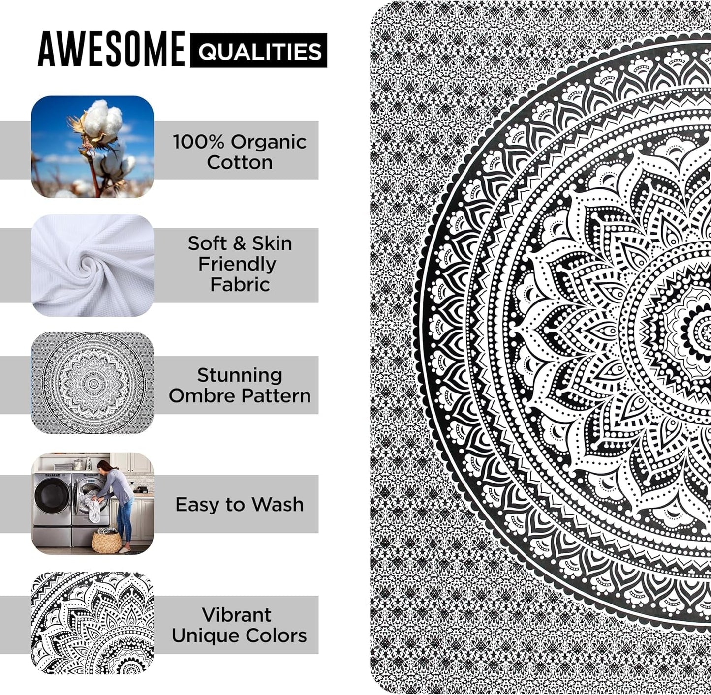 Tapiz tapiz mandala gris negro tela pared Hogar - Accesorios y Decoración Naty Shop