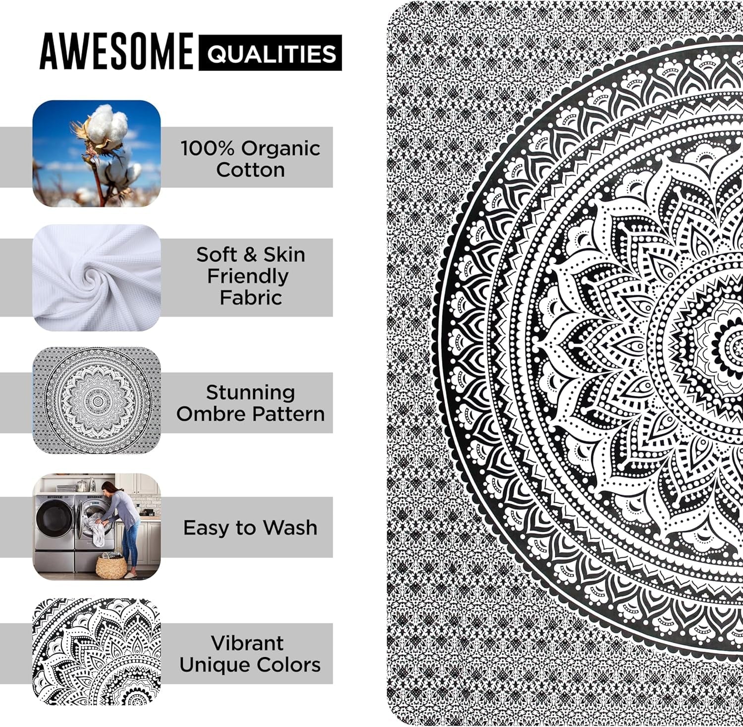 Tapiz tapiz mandala gris negro tela pared Hogar - Accesorios y Decoración Naty Shop