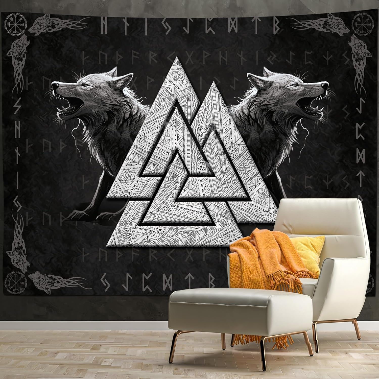 Tapiz vikingo lobo tótem blanco negro runas de meditación Hogar - Accesorios y Decoración Naty Shop