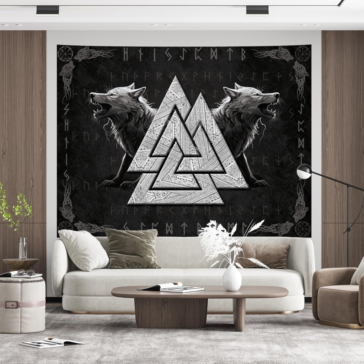 Tapiz vikingo lobo tótem blanco negro runas de meditación Hogar - Accesorios y Decoración Naty Shop