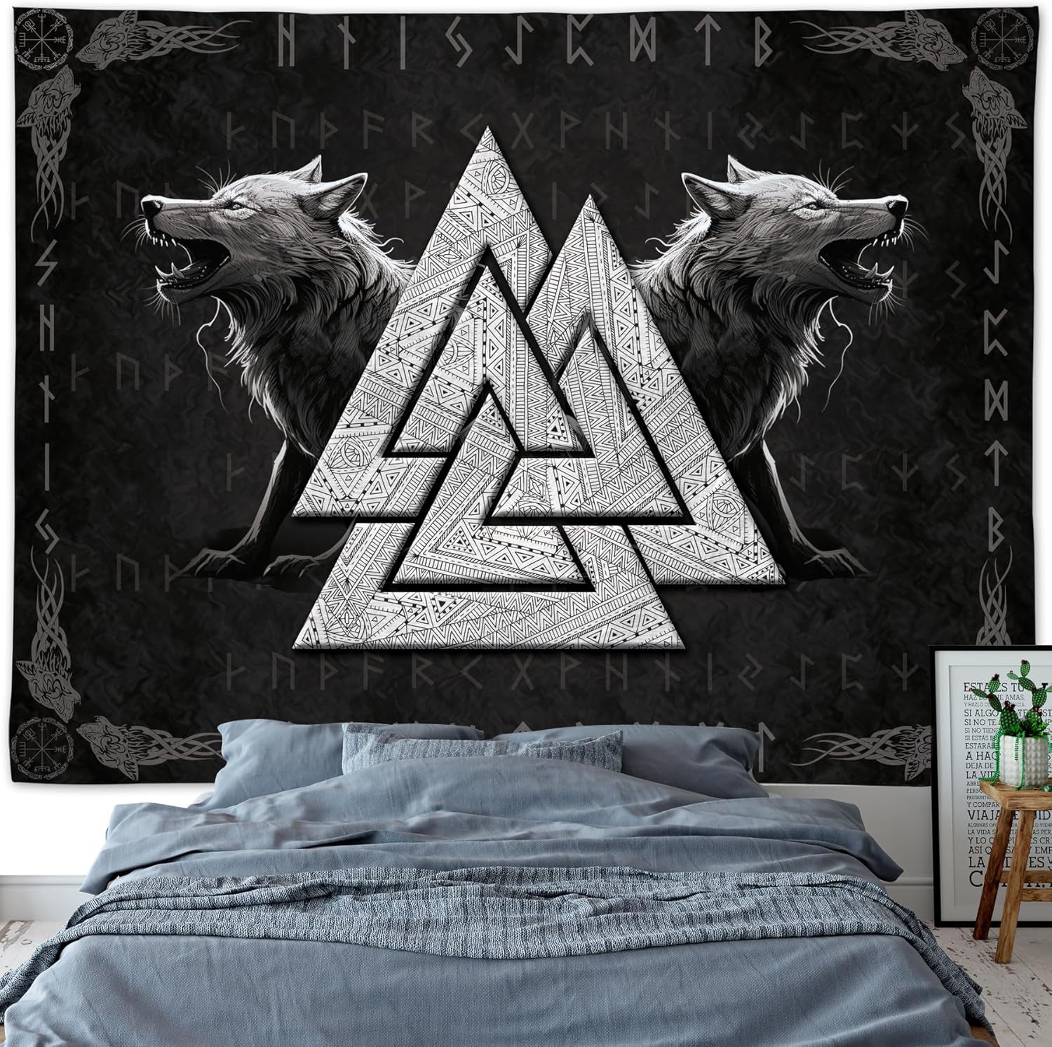 Tapiz vikingo lobo tótem blanco negro runas de meditación Hogar - Accesorios y Decoración Naty Shop