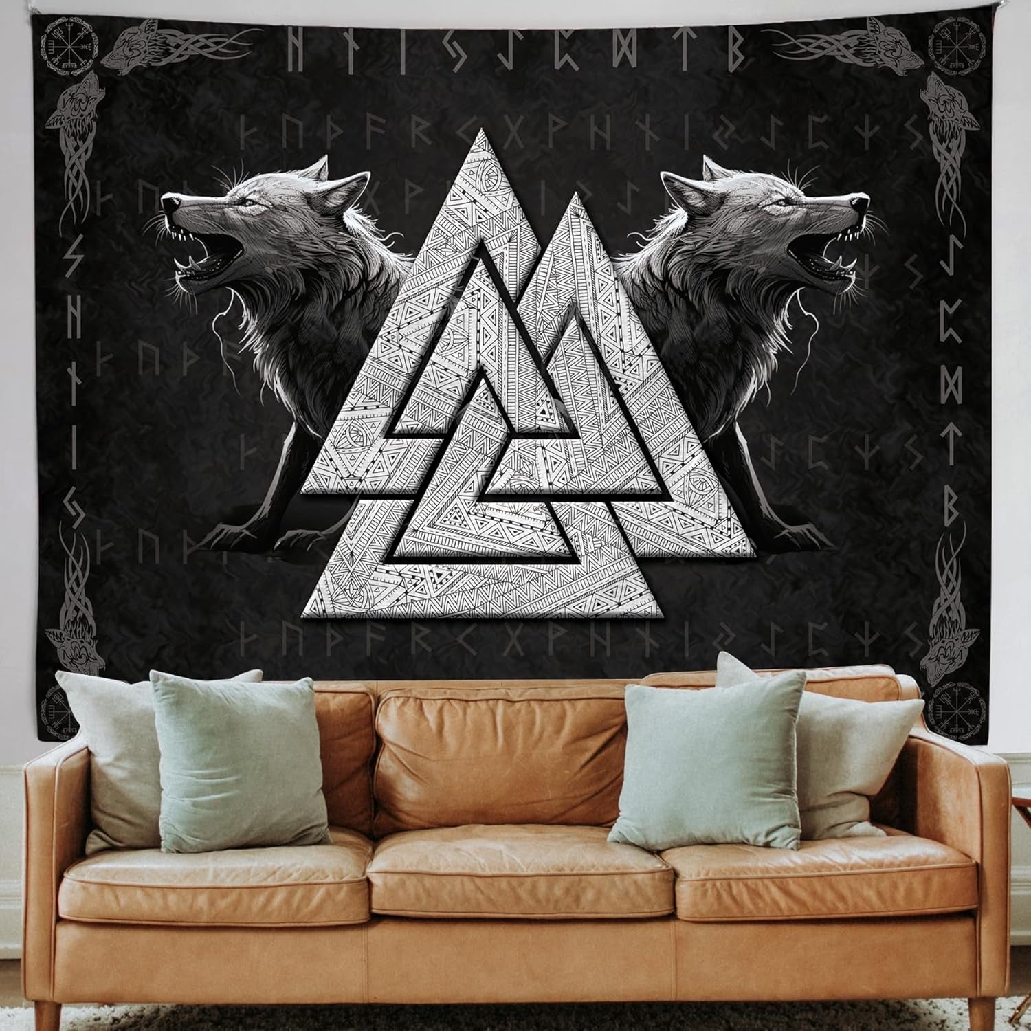 Tapiz vikingo lobo tótem blanco negro runas de meditación Hogar - Accesorios y Decoración Naty Shop