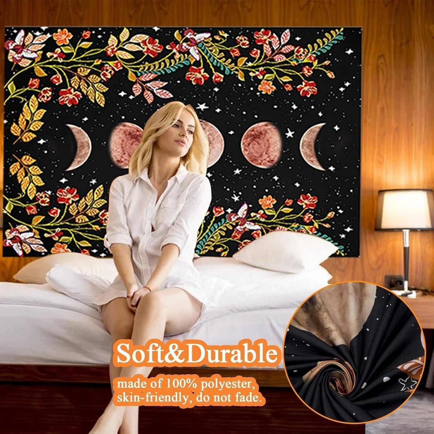 Yisumei tapiz estético luna flores tamaño negro Hogar - Accesorios y Decoración Naty Shop
